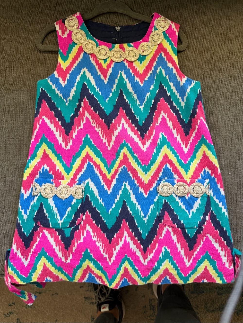 Lilly Pulitzer Girls Pink, Blue & Green Chevron Dress with Gold Embellishments